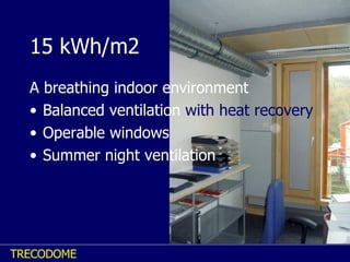 15 kWh/m2 A breathing indoor environment Balanced ventilation  with heat recovery Operable windows Summer night ventilation 