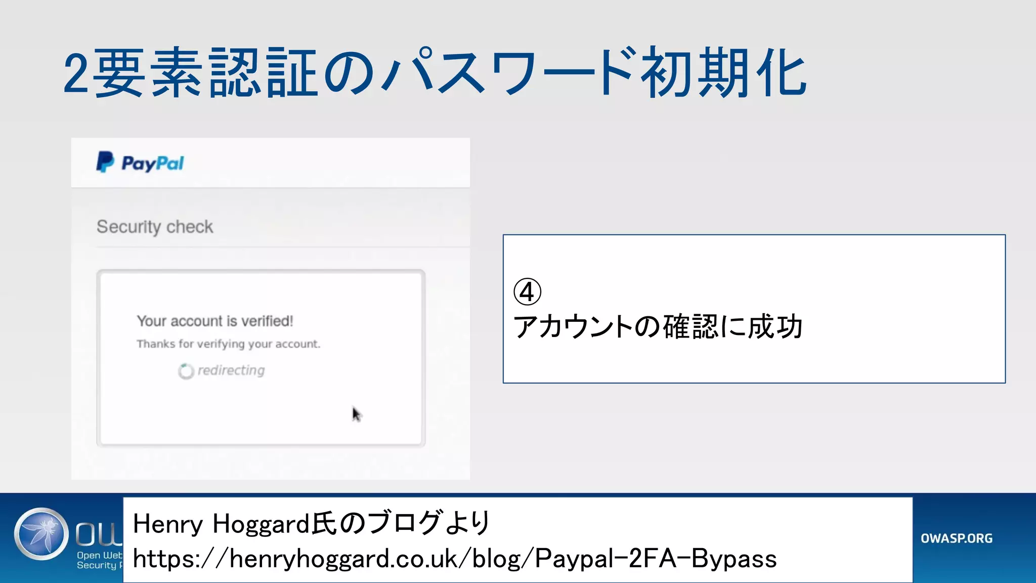 2要素認証のパスワード初期化 
1 2
Henry Hoggard氏のブログより 
https://henryhoggard.co.uk/blog/Paypal-2FA-Bypass 
④ 
アカウントの確認に成功 
 