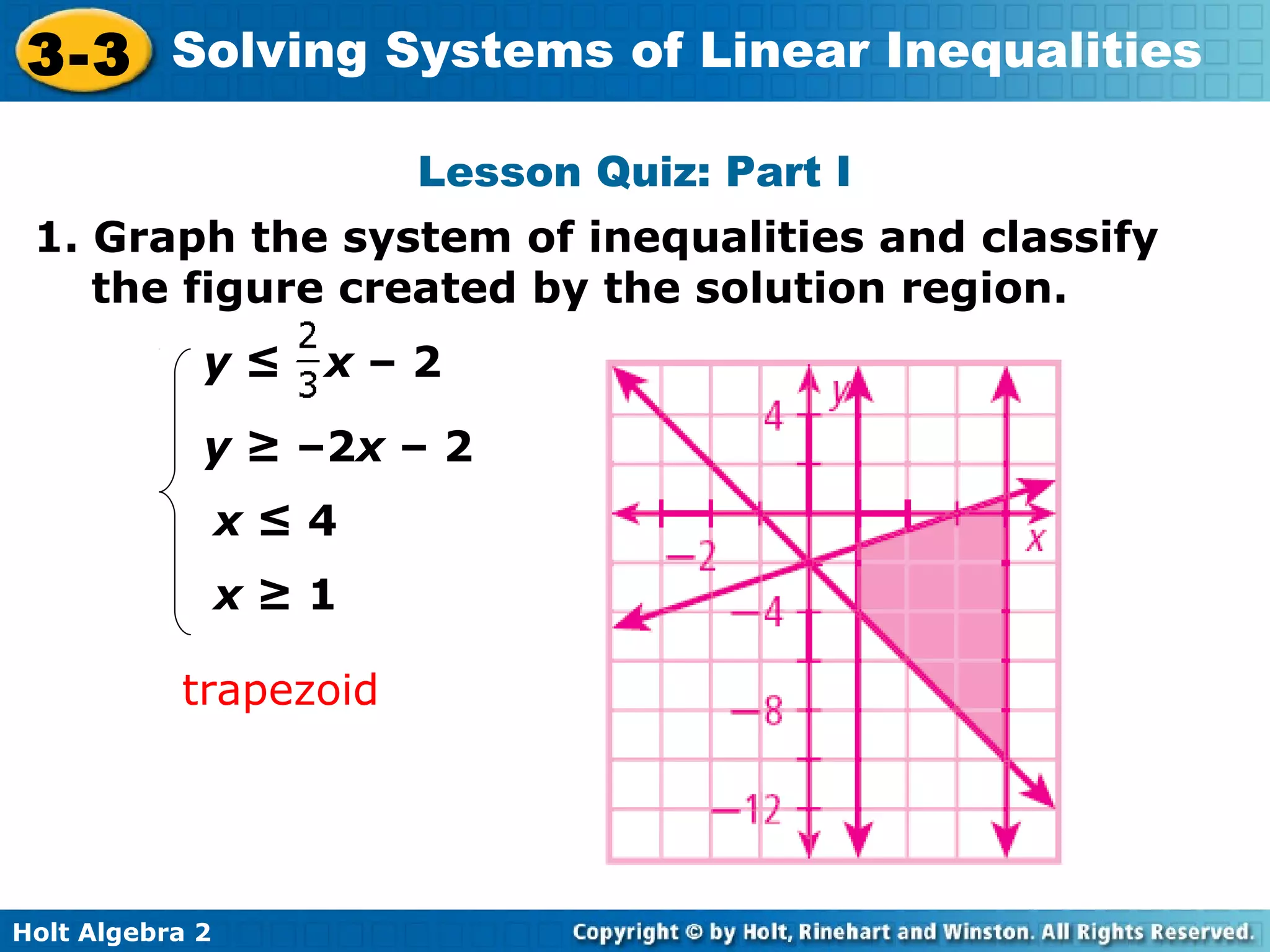Holt Algebra 2
3-3 Solving Systems of Linear Inequalities
Lesson Quiz: Part I
1. Graph the system of inequalities and classify
the figure created by the solution region.
y ≤ x – 2
x ≤ 4
y ≥ –2x – 2
x ≥ 1
trapezoid
 