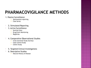PHARMACOVIGILANCE METHODS
1. Passive Surveillance
 Spontaneous reporting
 Case Series
 2. Stimulated Reporting
 3. Active Surveillance
 Sentinal Sites
 Drug Event Monitoring
 Registries
 4. Comparative Observational Studies
 Cross-sectional Study (Survey)
 Case-control Study
 Cohort Study
 5. Targeted Clinical Investigations
 6. Descriptive Studies
 Natural History of Disease
 