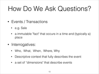 How Do We Ask Questions?
•

Events / Transactions
•
•

•

e.g. Sale
a immutable "fact" that occurs in a time and (typically a)
place

Interrogatives:
•

Who, What, When, Where, Why

•

Descriptive context that fully describes the event

•

a set of “dimensions" that describe events
!13

 
