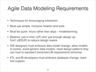 Agile Data Modeling Requirements
•

Techniques for encouraging interaction

•

Must use simple, inclusive notation and tools

•

Must be quick: hours rather than days – modelstorming

•

Balance ‘just in time’ (JIT) and ‘just enough design up
front’ (JEDUF) to reduce design rework

•

DW designers must embrace data model change, allow models
to evolve, avoid generic data models; need design patterns they
can trust to represent tomorrow’s BI requirements tomorrow

•

ETL and BI developers must embrace database change; need
tool support
!57

 