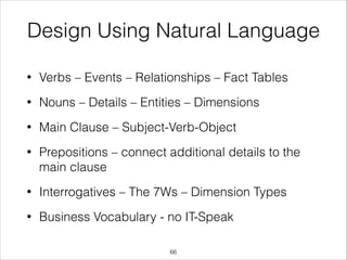 Design Using Natural Language
•

Verbs – Events – Relationships – Fact Tables

•

Nouns – Details – Entities – Dimensions

•

Main Clause – Subject-Verb-Object

•

Prepositions – connect additional details to the
main clause

•

Interrogatives – The 7Ws – Dimension Types

•

Business Vocabulary - no IT-Speak
!66

 