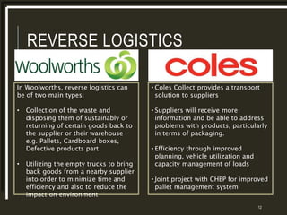 REVERSE LOGISTICS
12
In Woolworths, reverse logistics can
be of two main types:
• Collection of the waste and
disposing them of sustainably or
returning of certain goods back to
the supplier or their warehouse
e.g. Pallets, Cardboard boxes,
Defective products part
• Utilizing the empty trucks to bring
back goods from a nearby supplier
into order to minimize time and
efficiency and also to reduce the
impact on environment
• Coles Collect provides a transport
solution to suppliers
• Suppliers will receive more
information and be able to address
problems with products, particularly
in terms of packaging.
• Efficiency through improved
planning, vehicle utilization and
capacity management of loads
• Joint project with CHEP for improved
pallet management system
 