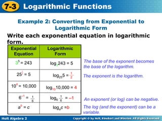 Holt Algebra 2
7-3 Logarithmic Functions
Write each exponential equation in logarithmic
form.
Example 2: Converting from Exponential to
Logarithmic Form
The base of the exponent becomes
the base of the logarithm.
The exponent is the logarithm.
An exponent (or log) can be negative.
The log (and the exponent) can be a
variable.
Exponential
Equation
Logarithmic
Form
35
= 243
25 = 5
104
= 10,000
6–1
=
ab
= c
1
6
1
2
log3243 = 5
1
2
log255 =
log1010,000 = 4
1
6
log6 = –1
logac =b
 