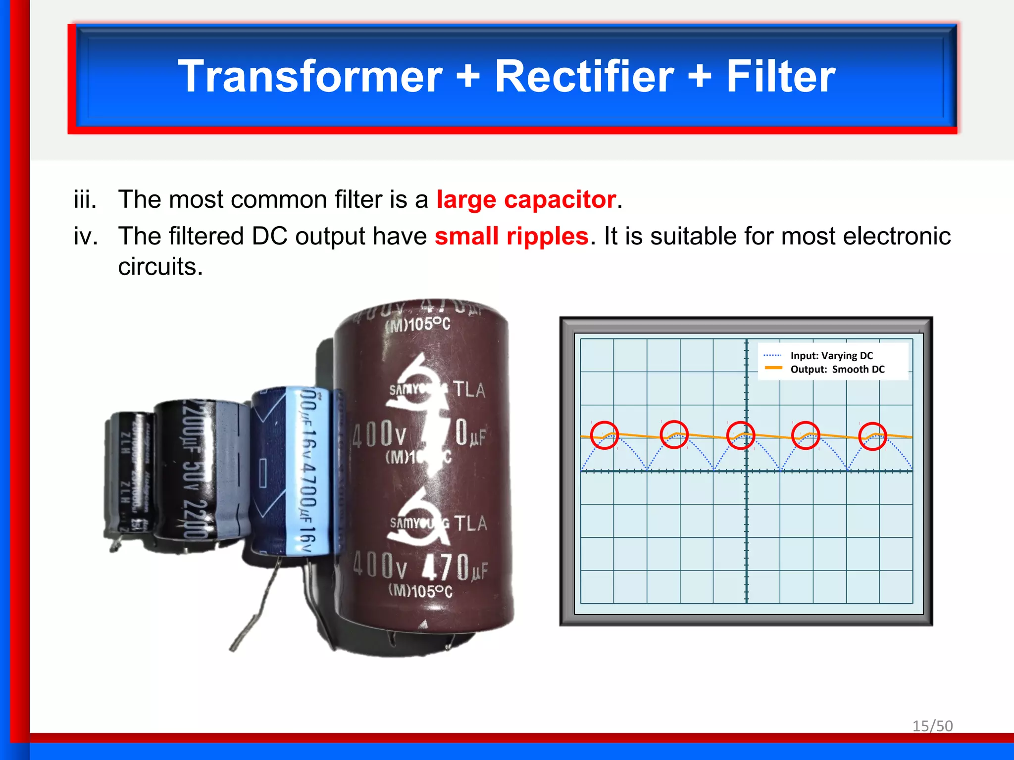 15/50
Transformer + Rectifier + Filter
iii. The most common filter is a large capacitor.
iv. The filtered DC output have small ripples. It is suitable for most electronic
circuits.
Input: Varying DC
Output: Smooth DC
 