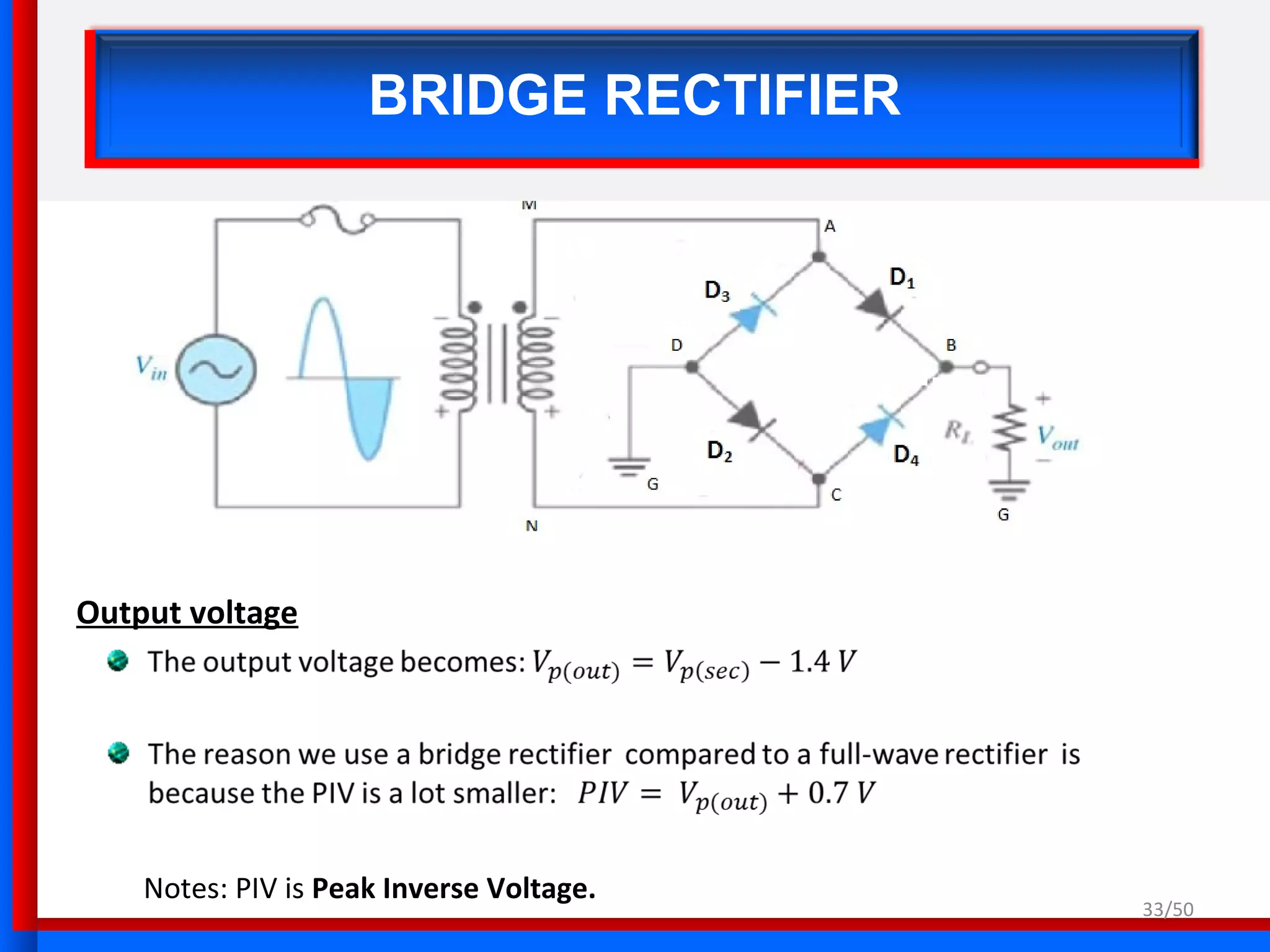 BRIDGE RECTIFIER
Output voltage
33/50
Notes: PIV is Peak Inverse Voltage.
 