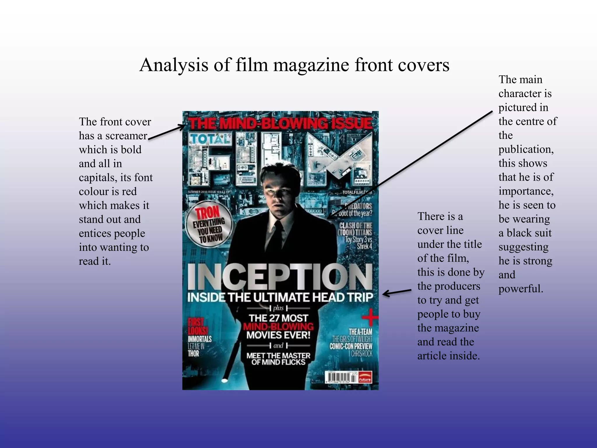 Analysis of film magazine front covers
                                                                  The main
                                                                  character is
                                                                  pictured in
The front cover                                                   the centre of
has a screamer                                                    the
which is bold                                                     publication,
and all in                                                        this shows
capitals, its font                                                that he is of
colour is red                                                     importance,
which makes it                                                    he is seen to
stand out and                                   There is a        be wearing
entices people                                  cover line        a black suit
into wanting to                                 under the title   suggesting
read it.                                        of the film,      he is strong
                                                this is done by   and
                                                the producers     powerful.
                                                to try and get
                                                people to buy
                                                the magazine
                                                and read the
                                                article inside.
 