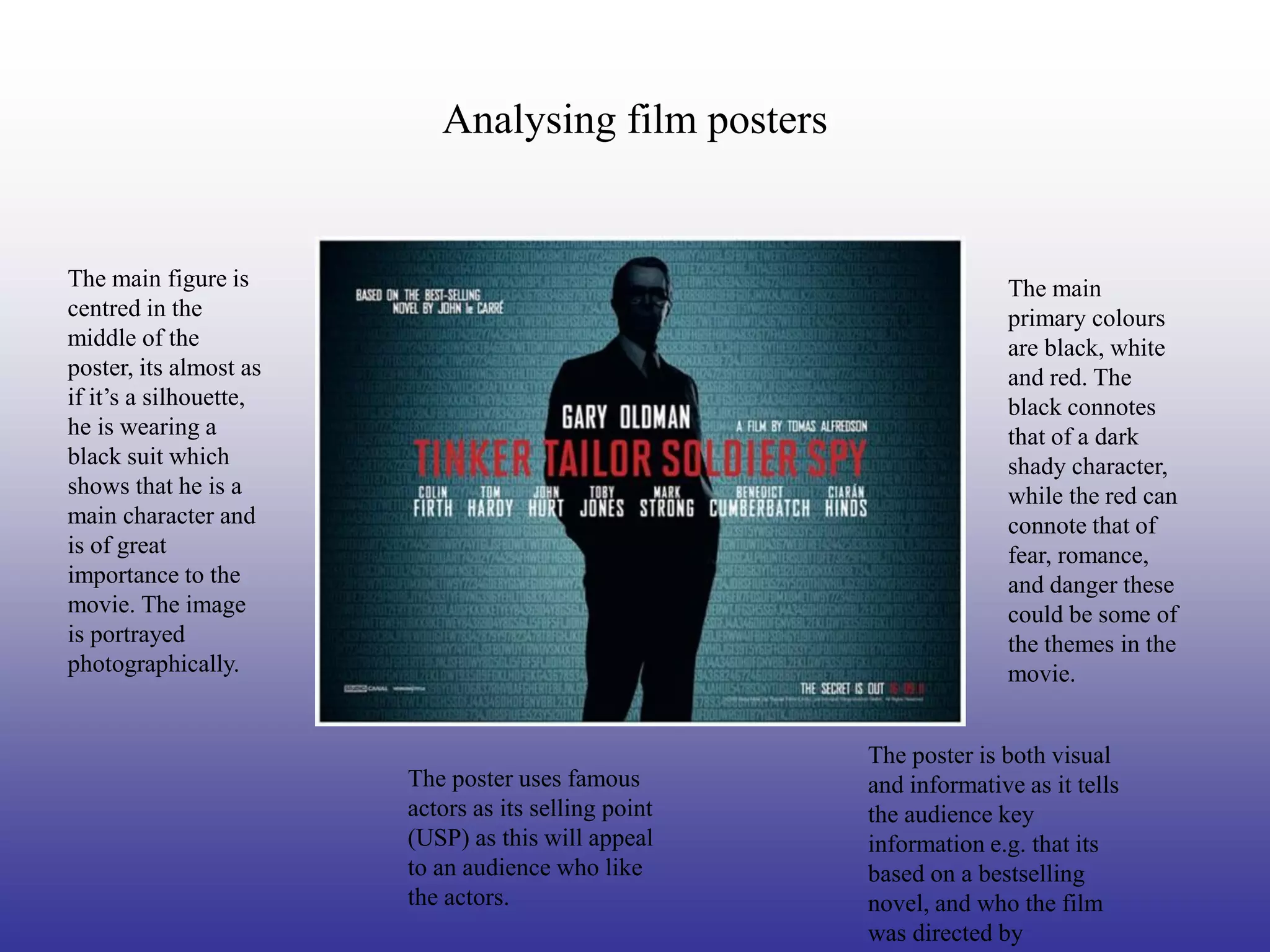 Analysing film posters


The main figure is                                                   The main
centred in the                                                       primary colours
middle of the                                                        are black, white
poster, its almost as                                                and red. The
if it’s a silhouette,                                                black connotes
he is wearing a                                                      that of a dark
black suit which                                                     shady character,
shows that he is a                                                   while the red can
main character and                                                   connote that of
is of great                                                          fear, romance,
importance to the                                                    and danger these
movie. The image                                                     could be some of
is portrayed                                                         the themes in the
photographically.                                                    movie.


                                                      The poster is both visual
                        The poster uses famous        and informative as it tells
                        actors as its selling point   the audience key
                        (USP) as this will appeal     information e.g. that its
                        to an audience who like       based on a bestselling
                        the actors.                   novel, and who the film
                                                      was directed by
 