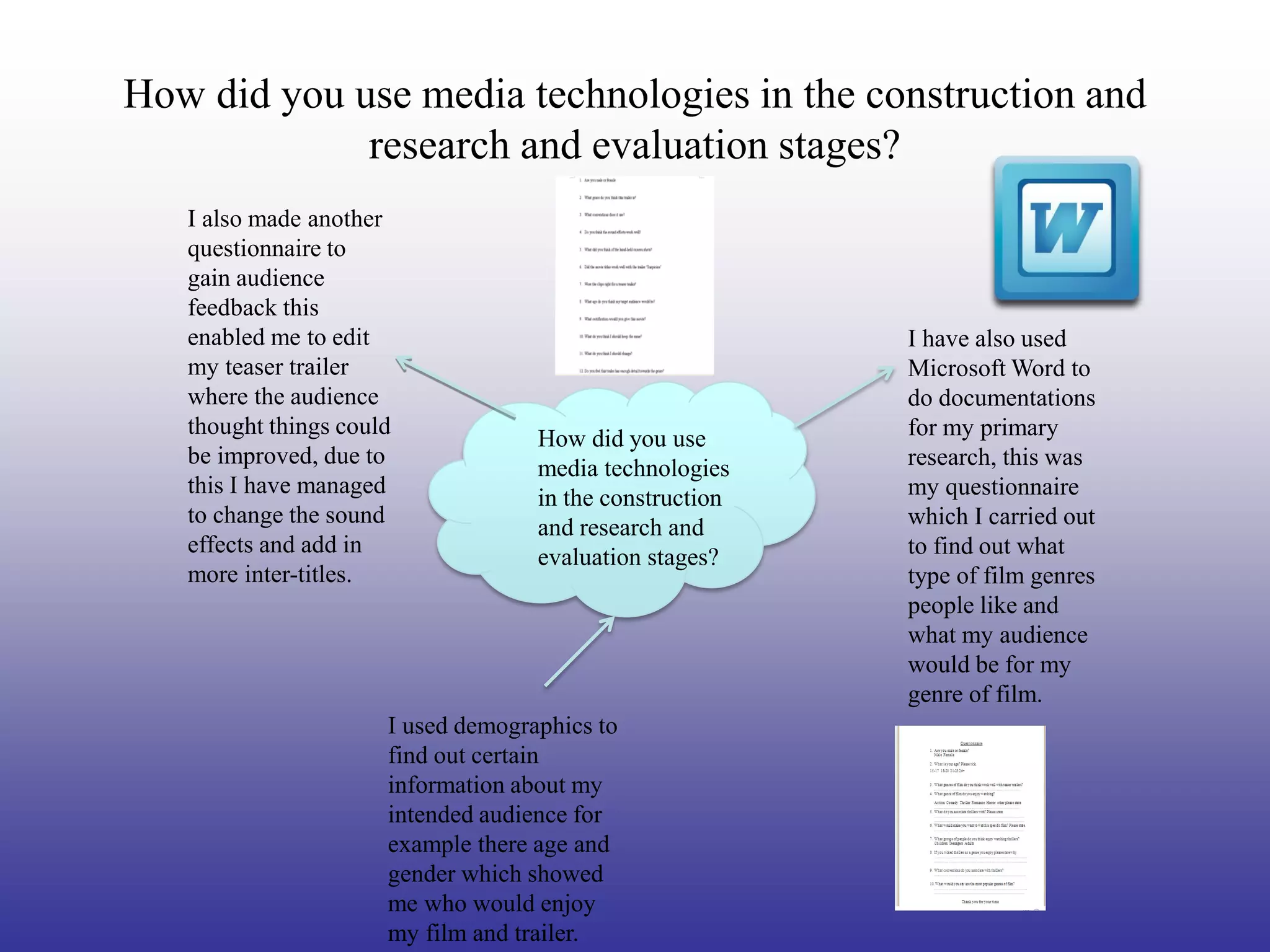 How did you use media technologies in the construction and
             research and evaluation stages?
   I also made another
   questionnaire to
   gain audience
   feedback this
   enabled me to edit                                     I have also used
   my teaser trailer                                      Microsoft Word to
   where the audience                                     do documentations
   thought things could                                   for my primary
                                    How did you use
   be improved, due to                                    research, this was
                                    media technologies
   this I have managed                                    my questionnaire
                                    in the construction
   to change the sound                                    which I carried out
                                    and research and
   effects and add in                                     to find out what
                                    evaluation stages?
   more inter-titles.                                     type of film genres
                                                          people like and
                                                          what my audience
                                                          would be for my
                                                          genre of film.
                      I used demographics to
                      find out certain
                      information about my
                      intended audience for
                      example there age and
                      gender which showed
                      me who would enjoy
                      my film and trailer.
 