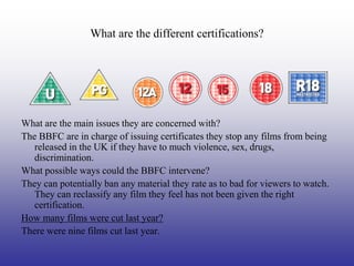 What are the different certifications?




What are the main issues they are concerned with?
The BBFC are in charge of issuing certificates they stop any films from being
   released in the UK if they have to much violence, sex, drugs,
   discrimination.
What possible ways could the BBFC intervene?
They can potentially ban any material they rate as to bad for viewers to watch.
   They can reclassify any film they feel has not been given the right
   certification.
How many films were cut last year?
There were nine films cut last year.
 