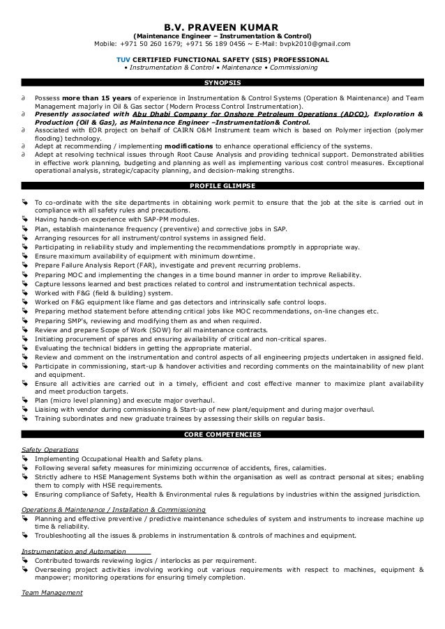 instrumentation and control engineer resume samples