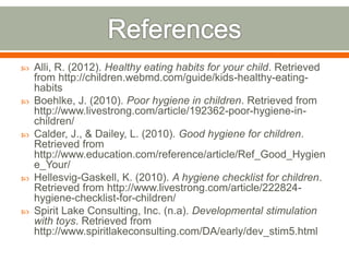  Alli, R. (2012). Healthy eating habits for your child. Retrieved
from http://children.webmd.com/guide/kids-healthy-eating-
habits
 Boehlke, J. (2010). Poor hygiene in children. Retrieved from
http://www.livestrong.com/article/192362-poor-hygiene-in-
children/
 Calder, J., & Dailey, L. (2010). Good hygiene for children.
Retrieved from
http://www.education.com/reference/article/Ref_Good_Hygien
e_Your/
 Hellesvig-Gaskell, K. (2010). A hygiene checklist for children.
Retrieved from http://www.livestrong.com/article/222824-
hygiene-checklist-for-children/
 Spirit Lake Consulting, Inc. (n.a). Developmental stimulation
with toys. Retrieved from
http://www.spiritlakeconsulting.com/DA/early/dev_stim5.html
 