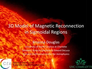 3D Model of Magnetic Reconnection
in Sigmoidal Regions
Brianna Douglas
University of North Carolina at Charlotte
Mentors: Antonia Savcheva & Edward DeLuca
Harvard-Smithsonian Center for Astrophysics
 