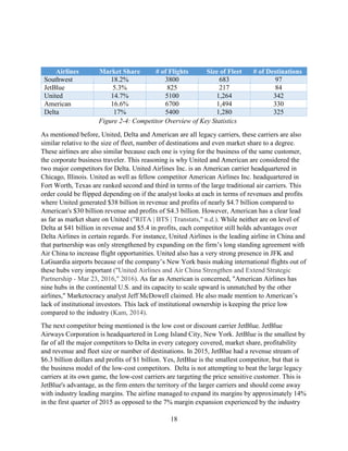 18
Airlines Market Share # of Flights Size of Fleet # of Destinations
Southwest 18.2% 3800 683 97
JetBlue 5.3% 825 217 84
United 14.7% 5100 1,264 342
American 16.6% 6700 1,494 330
Delta 17% 5400 1,280 325
As mentioned before, United, Delta and American are all legacy carriers, these carriers are also
similar relative to the size of fleet, number of destinations and even market share to a degree.
These airlines are also similar because each one is vying for the business of the same customer,
the corporate business traveler. This reasoning is why United and American are considered the
two major competitors for Delta. United Airlines Inc. is an American carrier headquartered in
Chicago, Illinois. United as well as fellow competitor American Airlines Inc. headquartered in
Fort Worth, Texas are ranked second and third in terms of the large traditional air carriers. This
order could be flipped depending on if the analyst looks at each in terms of revenues and profits
where United generated $38 billion in revenue and profits of nearly $4.7 billion compared to
American's $30 billion revenue and profits of S4.3 billion. However, American has a clear lead
as far as market share on United ("RITA | BTS | Transtats," n.d.). While neither are on level of
Delta at $41 billion in revenue and $5.4 in profits, each competitor still holds advantages over
Delta Airlines in certain regards. For instance, United Airlines is the leading airline in China and
that partnership was only strengthened by expanding on the firm’s long standing agreement with
Air China to increase flight opportunities. United also has a very strong presence in JFK and
LaGuardia airports because of the company’s New York basis making international flights out of
these hubs very important ("United Airlines and Air China Strengthen and Extend Strategic
Partnership - Mar 23, 2016," 2016). As far as American is concerned, "American Airlines has
nine hubs in the continental U.S. and its capacity to scale upward is unmatched by the other
airlines," Marketocracy analyst Jeff McDowell claimed. He also made mention to American’s
lack of institutional investors. This lack of institutional ownership is keeping the price low
compared to the industry (Kam, 2014).
The next competitor being mentioned is the low cost or discount carrier JetBlue. JetBlue
Airways Corporation is headquartered in Long Island City, New York. JetBlue is the smallest by
far of all the major competitors to Delta in every category covered, market share, profitability
and revenue and fleet size or number of destinations. In 2015, JetBlue had a revenue stream of
$6.3 billion dollars and profits of $1 billion. Yes, JetBlue is the smallest competitor, but that is
the business model of the low-cost competitors. Delta is not attempting to beat the large legacy
carriers at its own game, the low-cost carriers are targeting the price sensitive customer. This is
JetBlue's advantage, as the firm enters the territory of the larger carriers and should come away
with industry leading margins. The airline managed to expand its margins by approximately 14%
in the first quarter of 2015 as opposed to the 7% margin expansion experienced by the industry
Figure 2-4: Competitor Overview of Key Statistics
 