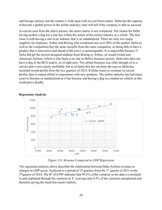 24
and foreign carriers, but the market is wide open with no real front-runner. Delta has the capacity
to become a global power in the airline industry; time will tell if the company is able to succeed.
As can be seen from the above picture, the entire matrix is not completed. The reason for Delta
having neither a dog nor a star lies within the nature of the airline industry as a whole. The first
issue is with having a star in an industry that is so standardized. There are only two major
suppliers for airplanes; Airbus and Boeing who combined own over 80% of the market. Delta as
well as the competition buy the same aircrafts from the same companies, so being able to have a
product that is innovative and ahead of the curve is unmanageable. It is impossible because if
Delta did get the newest designed airplane from Boeing or Airbus, so would United and
American Airlines, which is why there is no star in Delta's business sectors. Delta also does not
have a dog in the BCG matrix, as of right now. The airline business was often thought of as a
service that is not exactly profitable, but as of lately this has not been the case as Delta has
recorded record profits from the two quarters of 2015. If Delta wants to continue its record
profits, then it cannot afford to experiment with new products. The airline industry has had many
years to become as standardized as it has become and having a dog in a market as volatile as this
could prove deadly.
Regression Analysis
Figure 2-8: Revenue Compared to GDP Regression
The regression analysis above describes the relationship between Delta Airlines revenue as
changes in GDP occur. Analyzed is a period of 15 quarters from the 1st
quarter of 2011 to the
3rd
quarter of 2014. The R2
of 0.995 indicates that 99.5% of the variation in the data is correlated
to and explained through the variation in X. Leaving only 0.5% of the variation unexplained and
therefore giving the trend line much viability.
 