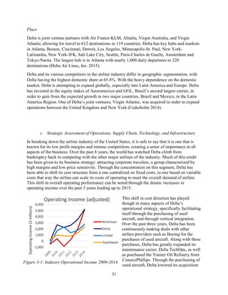 31
Place
Delta is joint venture partners with Air France-KLM, Alitalia, Virgin Australia, and Virgin
Atlantic allowing for travel to 612 destinations in 119 countries. Delta has key hubs and markets
in Atlanta, Boston, Cincinnati, Detroit, Los Angeles, Minneapolis-St. Paul, New York-
LaGuardia, New York-JFK, Salt Lake City, Seattle, Paris-Charles de Gaulle, Amsterdam and
Tokyo-Narita. The largest hub is in Atlanta with nearly 1,000 daily departures to 220
destinations (Delta Air Lines, Inc. 2015).
Delta and its various competitors in the airline industry differ in geographic segmentation, with
Delta having the highest domestic share at 65.8%. With the heavy dependence on the domestic
market, Delta is attempting to expand globally, especially into Latin America and Europe. Delta
has invested in the equity stakes of Aeoromexico and GOL, Brazil’s second largest carrier, in
order to gain from the expected growth in two major countries, Brazil and Mexico, in the Latin
America Region. One of Delta’s joint ventures, Virgin Atlantic, was acquired in order to expand
operations between the United Kingdom and New York (Cederholm 2014).
c. Strategic Assessment of Operations, Supply Chain, Technology, and Infrastructure
In breaking down the airline industry of the United States, it is safe to say that it is one that is
known for its low profit margins and intense competition, creating a sense of importance in all
aspects of the business. Over the past 8 years, the world has watched Delta climb from
bankruptcy back to competing with the other major airlines of the industry. Much of this credit
has been given to its business strategy: attracting corporate travelers, a group characterized by
high margins and low price sensitivity. Through the concentration on this segment, Delta has
been able to shift its cost structure from a one centralized on fixed costs, to one based on variable
costs that way the airline can scale its costs of operating to meet the overall demand of airfare.
This shift in overall operating performance can be noted through the drastic increases in
operating income over the past 5 years leading up to 2015:
This shift in cost direction has played
though in many aspects of Delta’s
operational strategy, specifically facilitating
itself through the purchasing of used
aircraft, and through vertical integration.
Over the past three years, Delta has been
continuously making deals with other
airfare providers such as Boeing for the
purchases of used aircraft. Along with these
purchases, Delta has greatly expanded its
maintenance sector, Delta TechOps, as well
as purchased the Trainer Oil Refinery from
ConocoPhillips. Through the purchasing of
used aircraft, Delta lowered its acquisition
Figure 3-1: Industry Operational Income 2009-2014
 