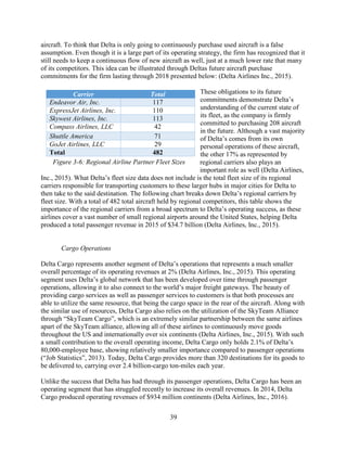 39
aircraft. To think that Delta is only going to continuously purchase used aircraft is a false
assumption. Even though it is a large part of its operating strategy, the firm has recognized that it
still needs to keep a continuous flow of new aircraft as well, just at a much lower rate that many
of its competitors. This idea can be illustrated through Deltas future aircraft purchase
commitments for the firm lasting through 2018 presented below: (Delta Airlines Inc., 2015).
These obligations to its future
commitments demonstrate Delta’s
understanding of the current state of
its fleet, as the company is firmly
committed to purchasing 208 aircraft
in the future. Although a vast majority
of Delta’s comes from its own
personal operations of these aircraft,
the other 17% as represented by
regional carriers also plays an
important role as well (Delta Airlines,
Inc., 2015). What Delta’s fleet size data does not include is the total fleet size of its regional
carriers responsible for transporting customers to these larger hubs in major cities for Delta to
then take to the said destination. The following chart breaks down Delta’s regional carriers by
fleet size. With a total of 482 total aircraft held by regional competitors, this table shows the
importance of the regional carriers from a broad spectrum to Delta’s operating success, as these
airlines cover a vast number of small regional airports around the United States, helping Delta
produced a total passenger revenue in 2015 of $34.7 billion (Delta Airlines, Inc., 2015).
Cargo Operations
Delta Cargo represents another segment of Delta’s operations that represents a much smaller
overall percentage of its operating revenues at 2% (Delta Airlines, Inc., 2015). This operating
segment uses Delta’s global network that has been developed over time through passenger
operations, allowing it to also connect to the world’s major freight gateways. The beauty of
providing cargo services as well as passenger services to customers is that both processes are
able to utilize the same resource, that being the cargo space in the rear of the aircraft. Along with
the similar use of resources, Delta Cargo also relies on the utilization of the SkyTeam Alliance
through “SkyTeam Cargo”, which is an extremely similar partnership between the same airlines
apart of the SkyTeam alliance, allowing all of these airlines to continuously move goods
throughout the US and internationally over six continents (Delta Airlines, Inc., 2015). With such
a small contribution to the overall operating income, Delta Cargo only holds 2.1% of Delta’s
80,000-employee base, showing relatively smaller importance compared to passenger operations
(“Job Statistics”, 2013). Today, Delta Cargo provides more than 320 destinations for its goods to
be delivered to, carrying over 2.4 billion-cargo ton-miles each year.
Unlike the success that Delta has had through its passenger operations, Delta Cargo has been an
operating segment that has struggled recently to increase its overall revenues. In 2014, Delta
Cargo produced operating revenues of $934 million continents (Delta Airlines, Inc., 2016).
Carrier Total
Endeavor Air, Inc. 117
ExpressJet Airlines, Inc. 110
Skywest Airlines, Inc. 113
Compass Airlines, LLC 42
Shuttle America 71
GoJet Airlines, LLC 29
Total 482
Figure 3-6: Regional Airline Partner Fleet Sizes
 
