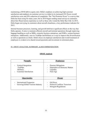 53
maintaining a 40/60 debt to equity ratio. Delta's emphasis on achieving high customer
satisfaction and emphasis on customer service is evident in its increased J.D. Power overall
satisfaction score and 20% reduction of complaints. The "Net Promotor Score" is a survey that
Delta has been using for many years, but in 2014 began sending email surveys to customers
about their Reservations experience as well as those who visited the Delta Sky Club. In 2015,
Delta began surveying its customers about aircraft cleanliness, a key performance indicator for
2015.
Internal business processes, learning, and growth both have significant effects on the way that
Delta operates. It aims to maintain efficient aircraft and terminal operations through improving
baggage handling as well as MBEs, minority business enterprises, and WBEs, women business
enterprises. Additionally, uses its TechOps and Refinery as a way to improve the diversification
as well as operations as whole. Delta's focus on employee satisfaction and overall treatment of
employees is evident in its shared reward payments and investment in retirement plans.
IV. SWOT ANALYSIS, SUMMARY, & RECOMMENDATION
SWOT Analysis
Strengths Weaknesses
- Vertical Integration:
TechOps
Refinery
- Customer Satisfaction
- Pension Obligations
- Dependent on Domestic Market
- Liquidity
- Fleet Age
Opportunities Threats
- International Expansion
- Growing Global Tourism Industry
- Oil Prices
- Political Conflicts/ Terrorism
- Stringent Regulations
 
