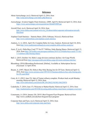 59
References
About Aeroxchange. (n.d.). Retrieved April 12, 2016, from
http://corp.aeroxchange.com/index.php/about-us
Aeroxchange: Aviation Supply Chain Solutions. (2009, April 9). Retrieved April 12, 2016, from
https://www.aeroxchange.com/aexportal/aex/Delta052009.jsp
Aircraft Fleet. (n.d.). Retrieved April 10, 2016, from
http://www.delta.com/content/www/en_US/about-delta/corporate-information/aircraft-
fleet.html
Airplane Crash Statistics – Statistic Brain. (2016, February 18) (n.d.). Retrieved from
http://www.statisticbrain.com/airplane-crash-statistics
Analysis, A. A. (2016, April 10). Complete Delta Air Lines Analysis. Retrieved April 10, 2016,
from http://www.audriesaircraftanalysis.com/complete-delta-airlines-analysis/
Ausic, P. (n.d.). Delta Buys Used 777 for $7.7 Million, Sinks Boeing Shares. Retrieved April 12,
2016, from http://247wallst.com/aerospace-defense/2015/12/18/delta-buys-used-777-for-
7-7-million-sinks-boeing-shares/
Ball, L. (2015, October 14). Delta’s cargo division continues decline | Air Cargo World.
Retrieved from http://aircargoworld.com/deltas-cargo-division-continues-decline/
Bloomberg. (2016) Bloomberg Professional. [Online]. Available at: Subscription Service
(Accessed: 12 April 2016)
Bryant, A. (1997, March 20). Delta to Buy Only Boeing Jets for 20 Years. Retrieved April 12,
2016, from http://www.nytimes.com/1997/03/21/business/delta-to-buy-only-boeing-jets-
for-20-years.html
Carey, K. E. (2012, June 22). Sale of Trainer refinery complete; Workers back on job Monday
morning. Retrieved April 12, 2016, from
http://www.delcotimes.com/article/DC/20120622/NEWS/306229976
Cederholm, T. (2014, June 17). Welcome to Market Realist. Retrieved April 12, 2016, from
http://marketrealist.com/2014/06/investing-delta-airlines-must-know-company-overview/
Comoreanu, A. (2016, January 20). 2016’s Best Frequent Flyer Program. Retrieved from
http://www.cardhub.com/edu/best-frequent-flyer-program/
Corporate Stats and Facts. (n.d.). Retrieved April 12, 2016, from
http://news.delta.com/corporate-stats-and-facts
 