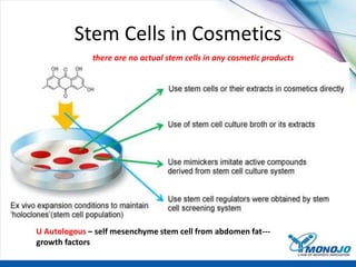 Stem Cells in Cosmetics
U Autologous – self mesenchyme stem cell from abdomen fat---
growth factors
there are no actual stem cells in any cosmetic products
 