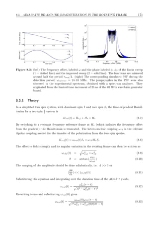 º º Á ÌÁ ¹ Æ ´Ê ¹µÅ Æ ÌÁ ÌÁÇÆ ÁÆ ÌÀ ÊÇÌ ÌÁÆ Ê Å ½ ½
0 0.2 0.4 0.6 0.8 1
−100
0
100
freq.offset(kHz)
0 0.2 0.4 0.6 0.8 1
−0.01
0
0.01
time (ms)
phase(a.u.)
ω1
ω
2
φ1
φ
2
9.5 9.7 9.9 10.1 10.3 10.5
10
−1
10
0
10
1
10
2
10
3
10
4
frequency offset [MHz]
magnitude[a.u.]
wave1
wave2
ÙÖ º¿ ´Ð Øµ Ì Ö ÕÙ Ò
Ý Ó × Ø¸ Ð Ð ω Ò Ø Ô × Ð Ð φ1¸φ2 Ó Ø Ð Ò Ö ×Û Ô
´½ ÓØØ Ð Ò µ Ò Ø ÑÔÖÓÚ ×Û Ô ´¾ ×ÓÐ Ð Ò µº Ì ÙÒ
Ø ÓÒ× Ö Ñ ÖÖÓÖ
ÖÓÙÒ Ð Ø Ô Ö Ó τswp»¾º ´Ö Øµ Ì 
ÓÖÖ ×ÔÓÒ Ò × ÑÙÐ Ø ÈË ÙÖ Ò Ø
Ø 
Ø ÓÒ Ô Ö Ó ¸ ωcarrier = 2π·½¼ ÅÀÞº Ì ÙÑÔ×»×Ô × Ò Ø ÈË Û Ö Ð×Ó
Ó × ÖÚ Ò Ø ÜÔ Ö Ñ ÒØ Ð ×Ô 
ØÖÙÑ¸ Ó Ø Ò Û Ø ×Ô 
ØÖÙÑ Ò ÐÝÞ Öº Ì Ý
ÓÖ Ò Ø ÖÓÑ Ø Ð Ñ Ø Ø Ñ Ò
Ö Ñ ÒØ Ó ¾ Ò× Ó Ø ¼ ÅÀÞ Û Ú ÓÖÑ Ò Ö ØÓÖ
Ó Ö º
º º½ Ì ÓÖÝ
ÁÒ × ÑÔÐ ØÛÓ ×Ô Ò ×Ý×Ø Ñ¸ Û Ø ÓÑ Ò ÒØ ×Ô Ò I Ò Ö Ö ×Ô Ò S¸ Ø Ø Ñ ¹ Ô Ò ÒØ À Ñ Ð¹
ØÓÒ Ò ÓÖ ØÛÓ ×Ô Ò 1
2
×Ý×Ø Ñ ×
Htot(t) = Hrf + Hd + Hz ´ º µ
Ý ×Û Ø
 Ò ØÓ Ö ×ÓÒ ÒØ Ö ÕÙ Ò
Ý Ö Ö Ò
 Ö Ñ Ø Hz ´Û 
 Ò
ÐÙ × Ø Ö ÕÙ Ò
Ý Ó × Ø
ÖÓÑ Ø Ö ÒØµ¸ Ø À Ñ ÐØÓÒ Ò × ØÖÙÒ
 Ø º Ì Ø ÖÓ¹ÒÙ
Ð Ö 
ÓÙÔÐ Ò ωIS × Ø Ö Ð Ú ÒØ
ÔÓÐ Ö 
ÓÙÔÐ Ò Ò ÓÖ Ø ØÖ Ò× Ö Ó Ø ÔÓÐ Ö Þ Ø ÓÒ ÖÓÑ Ø ØÛÓ ×Ô Ò ×Ô 
 ×¸
Href (t) = ωnut(t)Ix + ωIS2IzSz ´ º µ
Ì 
Ø Ú Ð ×ØÖ Ò Ø Ò Ø× Ò ÙÐ Ö Ú Ö Ø ÓÒ Ò Ø ÖÓØ Ø Ò Ö Ñ 
 Ò Ø Ò ÛÖ ØØ Ò ×
ωeff (t) = ω2
nut + ω2
IS ´ º µ
θ = arctan (
ωIS
ωnut
) ´ º½¼µ
Ì Ö ÑÔ Ò Ó Ø ÑÔÐ ØÙ × ÓÙÐ ÓÒ Ø 
 ÐÐÝ¸ º º A >> 1 ÓÖ
|
∂θ
∂t
| << |ωeff (t)| ´ º½½µ
ËÙ ×Ø ØÙØ Ò Ø × ÕÙ Ø ÓÒ Ò ÒØ Ö Ø Ò ÓÚ Ö Ø ÙÖ Ø ÓÒ Ø Ñ Ó Ø Ê τ Ý Ð ×¸
ωnut(t) =
ω2
IS(τ − t)
A2 − ω2
IS(t − τ)2
´ º½¾µ
Ê ¹ÛÖ Ø Ò Ø ÖÑ× Ò ×Ù ×Ø ØÙØ Ò ωnut´¼µ Ú ×
ωnut(t) =
ωnut(0)ωIS(τ − t)
τ2ω2
IS + ω2
nut(0)t(2τ − t)
´ º½¿µ
 