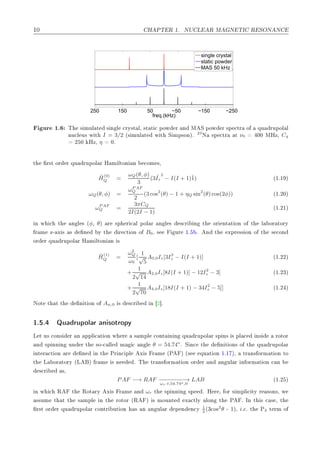 ½¼ À ÈÌ Ê ½º ÆÍ Ä Ê Å Æ ÌÁ Ê ËÇÆ Æ
−250−150−5050150250
freq.(kHz)
single crystal
static powder
MAS 50 kHz
ÙÖ ½º Ì × ÑÙÐ Ø × Ò Ð 
ÖÝ×Ø Ð¸ ×Ø Ø 
 ÔÓÛ Ö Ò Å Ë ÔÓÛ Ö ×Ô 
ØÖ Ó ÕÙ ÖÙÔÓÐ Ð
ÒÙ
Ð Ù× Û Ø I = 3/2 ´× ÑÙÐ Ø Û Ø Ë ÑÔ×ÓÒµº 23
Æ ×Ô 
ØÖ Ø ν0 ¼¼ ÅÀÞ¸ Cq
¾ ¼ ÀÞ¸ η ¼º
Ø Ö×Ø ÓÖ Ö ÕÙ ÖÙÔÓÐ Ö À Ñ ÐØÓÒ Ò 
ÓÑ ×¸
ˆH
(0)
Q =
ωQ(θ, φ)
3
(3 ˆIz
2
− I(I + 1)ˆ1) ´½º½ µ
ωQ(θ, φ) =
ωP AF
Q
2
(3 cos2
(θ) − 1 + ηQ sin2
(θ) cos(2φ)) ´½º¾¼µ
ωP AF
Q =
3πCQ
2I(2I − 1)
´½º¾½µ
Ò Û 
 Ø Ò Ð × ´φ¸ θµ Ö ×Ô Ö 
 Ð ÔÓÐ Ö Ò Ð × ×
Ö Ò Ø ÓÖ ÒØ Ø ÓÒ Ó Ø Ð ÓÖ ØÓÖÝ
Ö Ñ Þ¹ Ü × × Ò Ý Ø Ö 
Ø ÓÒ Ó B0¸ × ÙÖ ½º º Ò Ø ÜÔÖ ×× ÓÒ Ó Ø × 
ÓÒ
ÓÖ Ö ÕÙ ÖÙÔÓÐ Ö À Ñ ÐØÓÒ Ò ×
ˆH
(1)
Q =
ω2
Q
ω0
[
1
√
5
A0,0Iz[3I2
z − I(I + 1)] ´½º¾¾µ
+
1
2
√
14
A2,0Iz[8I(I + 1)] − 12I2
z − 3] ´½º¾¿µ
+
1
2
√
70
A4,0Iz[18I(I + 1) − 34I2
z − 5]] ´½º¾ µ
ÆÓØ Ø Ø Ø Ò Ø ÓÒ Ó An,0 × ×
Ö Ò ¾℄º
½º º ÉÙ ÖÙÔÓÐ Ö Ò ×ÓØÖÓÔÝ
Ä Ø Ù× 
ÓÒ× Ö Ò ÔÔÐ 
 Ø ÓÒ Û Ö × ÑÔÐ 
ÓÒØ Ò Ò ÕÙ ÖÙÔÓÐ Ö ×Ô Ò× × ÔÐ 
 Ò× ÖÓØÓÖ
Ò ×Ô ÒÒ Ò ÙÒ Ö Ø ×Ó¹
 ÐÐ Ñ 
 Ò Ð θ = 54.74o
º Ë Ò
 Ø Ò Ø ÓÒ× Ó Ø ÕÙ ÖÙÔÓÐ Ö
ÒØ Ö 
Ø ÓÒ Ö Ò Ò Ø ÈÖ Ò
 ÔÐ Ü × Ö Ñ ´È µ ´× ÕÙ Ø ÓÒ ½º½ µ¸ ØÖ Ò× ÓÖÑ Ø ÓÒ ØÓ
Ø Ä ÓÖ ØÓÖÝ ´Ä µ Ö Ñ × Ò º Ì ØÖ Ò× ÓÖÑ Ø ÓÒ ÓÖ Ö Ò Ò ÙÐ Ö Ò ÓÖÑ Ø ÓÒ 
 Ò
×
Ö ×¸
PAF −→ RAF −−−−−−−−→
ωr·t,54.74o,0
LAB ´½º¾ µ
Ò Û 
 Ê Ø ÊÓØ ÖÝ Ü × Ö Ñ Ò ωr Ø ×Ô ÒÒ Ò ×Ô º À Ö ¸ ÓÖ × ÑÔÐ 
 ØÝ Ö ×ÓÒ×¸ Û
××ÙÑ Ø Ø Ø × ÑÔÐ Ò Ø ÖÓØÓÖ ´Ê µ × ÑÓÙÒØ Ü 
ØÐÝ ÐÓÒ Ø È º ÁÒ Ø × 
 × ¸ Ø
Ö×Ø ÓÖ Ö ÕÙ ÖÙÔÓÐ Ö 
ÓÒØÖ ÙØ ÓÒ × Ò Ò ÙÐ Ö Ô Ò Ò
Ý 1
2
´¿
Ó×2
θ ¹ ½µ¸ i.e. Ø È2 Ø ÖÑ Ó
 