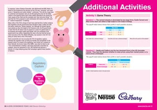 www.tutor2u.net 2120 A LEVEL ECONOMICS YEAR 2 (A2) Revision Workshop
In response, Labour Shadow Chancellor John McDonnell told BBC Radio 4's
World at One programme the decision by the FCA was "shocking" and could
prove a "dangerous and costly mistake", continuing "This will be a huge blow
to customers and taxpayers who are all still paying the price for the failed
culture in the banking sector that's been widely attributed to be among the
main causes of the crash and the scandals over Libor and price-fixing." He
said that the FCA’s proposal to work individually with banks could still result
in "cultural mispractice" in banking.
Many critics of the FCA’s change of heart have said that this is further evidence
that regulators and the government have decided to take a softer line with
the banks, ending the "banker bashing" era. Although UK growth figures
have picked up since the height of the financial crisis, the UK government
is keen that the UK doesn't lose its appeal as a place for global banks to
do business and employ highly paid people, who can contribute to the
government’s tax coffers. Supporting this view is the fact that the former
chief executive of the FCA, Martin Wheatley, was sacked in mid-2015 for
being an overly-fierce critic of the banks.
Some economists are now accusing the FCA of regulatory capture,
whereby the regulator ends up being too friendly and sympathetic to the
industry which it is meant to be regulating. Such action isn’t unheard of.
Dave Hartnett, the former head of the HMRC, was what he liked to call
“non-confrontational in dealing” with large [especially corporate] tax
avoiders. Since his retirement in 2012, Mr Hartnett has become a
director of a large lobbying group that campaigns against heavy taxation
of tobacco.
Reasons
for
Regulatory
Failure
Regulatory
Capture
Additional Activities
£
Activity 1: Game Theory
Question 1 – The cement industry is dominated by two large firms, Castle Cement and
Blue Circle. Each can select a high-output or low-output strategy.
The payoff matrix below shows their profits in each possible situation.
Castle High
Low
Blue Circle
High Low
(1 , 1) (3 , 0)
(0 , 3) (2 , 2)
Does Castle have a dominant strategy? Does Blue Circle have a dominant strategy? What will be the outcome of this situation?
Question 2 – Nestle and Cadbury are the two dominant firms in the UK chocolate
market. They face the decision whether to raise prices using their market power, or to
leave prices unchanged.
The payoff matrix below shows their profits in each possible situation.
Cadbury Raise price
Remain Unchanged
Nestle
Raise Price Remain Unchanged
(2 , 2) (-12 , 12)
(10 , -10) (0 , 0)
Identify if a Nash Equilibrium exists in the game above.
 