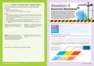 36 A LEVEL ECONOMICS YEAR 2 (A2) Revision Workshop
Activity 7: Changes in Exchange Rates - Evaluation Practice
Discuss the extent to which a currency appreciation is likely to have a negative economic impact
Wider issues:
• What is meant by an appreciation?
• Can you give examples of currency appreciation?
• How do we assess “economic impact”? (hint – consider macro objectives)
Key Points:
• Currency appreciation causes exports to be relatively more expensive and imports to be relatively cheaper,
which could worsen the trade balance and reduce AD (therefore slower growth and higher unemployment)
because of the reduction in competitiveness
• Could lead to regional inequality as some industries struggle to compete; could lead to imposition of tariffs
and tit-for-tat strategies?
• Could reduce corporation tax revenue if exporting firms have less profit, and could increase the need for
government subsidies to maintain competitiveness, worsening the fiscal balance
Examples: consider the Resource Curse / Dutch Disease, or the appreciation of the Swiss Franc when confidence in the
Euro fell
Evaluation: how would the Marshall-Lerner condition
influence the impact of the appreciation? How
desirable will exports continue to be, regardless of
their price?
Evaluation: how could inflation be positively impacted if
a country is a heavy importer of raw materials and
other goods? How might this help countries needing
to import capital and technology?
Evaluation: does the impact of the appreciation
DEPEND ON what caused it? Could it be simply a
self-correction if caused by a large current account
surplus? Is it temporary if caused by an inflow of hot
money or speculation? Could it have a positive effect
on LR growth if caused by an inflow of FDI?
Overall conclusion – can you directly answer the question in 2 sentences?
Evaluation: why might the appreciation cause
exporters to be more efficient? How could this benefit
the economy?
www.tutor2u.net 37
Session 4
Economic Developme
In this session we will examine different ways of measuring
economic development, poverty and inequality, before
considering some of the theoretical and practical reasons
why different countries are at different stages in their
development, for example a lack of savings, the resource
curse and trade. We will also assess policies such as debt
relief, market liberalisation, and aid, which can be used to
stimulate growth and development in LEDCs.
nt
The difference between economic growth and economic development
Economic
Growth
Economic
Development
Measuring economic development
Why is simply using GNI per capita (i.e. income) not adequate in helping economists to assess the level
of development in a particular country?
Components of the
Human Development Index
The HDI – three dimensions
and four indicators
The Human Development Index (HDI): a United Nations measure of economic development; a combined
index that takes account of life expectancy at birth, the number of years of schooling, and GNI per capita
at purchasing power parity.
 