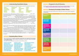 52 A LEVEL ECONOMICS YEAR 2 (A2) Revision Workshop www.tutor2u.net 53
Fill in the blanks in the passage about Quantitative Easing, using the 20 words/phrases listed below:
Activity 2: Understanding Quantitative Easing
Read this report from PWC on the prospects for the UK, and summarise its findings into a two-page
report: www.pwc.co.uk/assets/pdf/uk-economic-outlook-full-report-november-2015.pdf
Activity 4: Prospects for the UK Economy
Identify, analyse and evaluate possible policies to tackle each of the economic problems suggested in
the table below:
Activity 5: Developing Knowledge of Wider Policies
Central electronically lend growth
inflationary monetary transmission assets
de-leveraging yield banks bonds
pension interest price unemployment
liquidity hoarding opportunity 375 billion
Each of the phrases below are either an advantage or disadvantage of four important UK macroeconomic
policies. These policies are: inflation targeting, increasing tax on bank profits, National Living Wage,
and, Funding for Lending.
Your task is to link as many phrases as possible to each of the four policies.
Activity 3: Evaluating Macro Policies
Encourages too much lending Encourages price stability Helps to anchor inflation expectations
Hurts the best-run banks Reduces competition to big banks Helps small businesses
Reduces impact of economic shocks Higher earnings for those in work Could lead to wage-price spiral
Tax will be passed on to customers Popular with the general public Can cause unemployment
Will add £12bn to public funds Reduced lending to SMEs Lowers Central Bank ability to handle shocks
Doesn’t affect the very poorest Collected alongside corporation tax Difficult to choose the right target
Incentivises people to work Won’t tackle excessive risk-taking May cause unemployment
Can lead to higher employment Businesses unwilling to borrow Has pushed down interest rates on savings
Quantitative Easing, or QE for short, is a relatively new type of ______________ policy, which
was developed in response to the breakdown of the traditional interest rate _____________
mechanism. In QE, the __________ Bank buys government ___________, using money that it
has created _______________. Many of these bonds are owned by financial institutions such as
__________ or _____________ funds. When these institutions sell their bonds to the Central
Bank, they receive the newly-created cash in return – in other words, the _________ of the banking
system is increased. This should encourage these institutions to ________ to more businesses and
households. By increasing the supply of money, __________ rates should also fall, further encouraging
lending. Similarly, the injection of liquidity and the resulting increase in demand for bonds leads to
an increase in the ______ of bonds, which corresponds to a fall in the bond ________. This
stimulation to lending should, in turn, lead to an increase in economic __________ and a fall in
_____________.
However, some economists dislike the idea of QE because they argued that in the longer term it will
simply lead to _____________ pressure. Others argue that by boosting lending, the price of other
________ such as houses have increased, which potentially causes dangerous “bubbles”. These
potential drawbacks have not been seen yet. QE has not had the full impact that was initially intended.
One reason for this is that many banks have been _________ the additional cash – having been
criticised for over-lending and causing the financial crisis, it is easy to see why banks have moved in
the opposite direction. Furthermore, many banks have been ________________, or reducing
their debts with the additional cash, rather than lending out. Many have also questioned the
_____________ cost – would there have been a better use for the £______ spent by the Bank
of England?
Economic problem Policy How it tackles the problem Evaluative points
High unemployment in
the North East
A lack of UK business
confidence, which is
reducing investment
An ageing population
leading to increased
strain on public finances,
especially pensions and
the NHS
Overseas-based MNCs
deciding to move their
production facilities out
of the UK
A housing bubble in the
London and South-East
of England
Huge debts incurred
by households living
in flood-affected areas
because of inadequate
insurance
An increase in the
proportion of children
classified as living in
relative poverty in the
UK
Falling oil prices leading
to a fall in revenue from
oil exports, and a widening
trade deficit
 