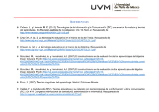 REFERENCIAS
❖ Cabero, J., y Llorente, M. C. (2015). Tecnologías de la Información y la Comunicación (TIC): escenarios formativos y teorías
del aprendizaje. En Revista Lasallista de investigación. Vol. 12, Núm. 2. Recuperado de
http://www.redalyc.org/pdf/695/69542291019.pdf
❖ Chac√≥n, A. (s.f.). La tecnolog√≠a educativa en el marco de la did√°ctica. Recuperado de
http://www.ugr.es/~ugr_unt/Material%20M%F3dulo%2010/CAPTULO-1.pdf
❖ Chacón, A. (s.f.). La tecnología educativa en el marco de la didáctica. Recuperado de
http://www.ugr.es/~ugr_unt/Material%20M%F3dulo%2010/CAPTULO-1.pdf
❖ González, M., Hernández, A. y Hernández, A.I. (2007) El constructivismo en la evaluaci√≥n de los aprendizajes del Álgebra
lineal. Educere 11(36) http://ve.scielo.org/scielo.php?script=sci_arttext&pid=S1316-
49102007000100016#:~:text=Definici%C3%B3n%20conceptual%3A%20la%20evaluaci%C3%B3n%20constructivista,constr
uidos%20y%20la%20capacidad%20de
❖ González, M., Hernández, A. y Hernández, A.I. (2007) El constructivismo en la evaluación de los aprendizajes del álgebra
lineal. Educere 11(36) http://ve.scielo.org/scielo.php?script=sci_arttext&pid=S1316-
49102007000100016#:~:text=Definici%C3%B3n%20conceptual%3A%20la%20evaluaci%C3%B3n%20constructivista,constr
uidos%20y%20la%20capacidad%20de
❖ Pozo, J. (1997). Teorías cognitivas del aprendizaje. Madrid, Ediciones Morata.
❖ Valdez, F. J. (octubre de 2012). Teorías educativas y su relación con las tecnologías de la información y de la comunicación
(TIC). En XVII Congreso internacional de contaduría, administración e informática. Recuperado de
http://congreso.investiga.fca.unam.mx/docs/xvii/docs/L13.pdf
 