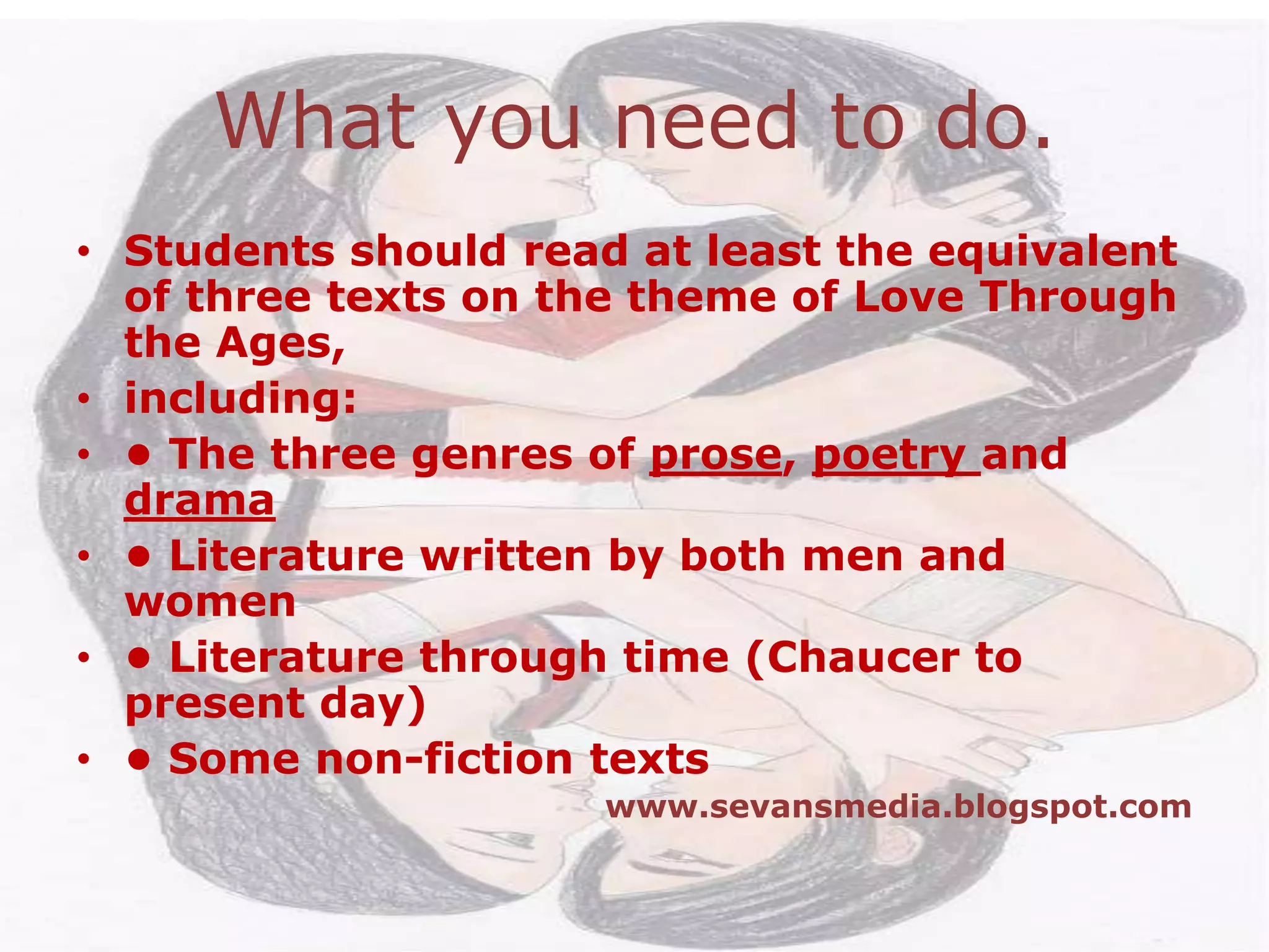 What you need to do.Students should read at least the equivalent of three texts on the theme of Love Through the Ages,including:• The three genres of prose, poetry and drama• Literature written by both men and women• Literature through time (Chaucer to present day)• Some non-fiction textswww.sevansmedia.blogspot.com