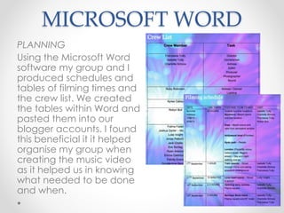 MICROSOFT WORD
PLANNING
Using the Microsoft Word
software my group and I
produced schedules and
tables of filming times and
the crew list. We created
the tables within Word and
pasted them into our
blogger accounts. I found
this beneficial it it helped
organise my group when
creating the music video
as it helped us in knowing
what needed to be done
and when.
 