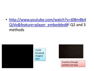 • http://www.youtube.com/watch?v=J0Bm8b4
QJVo&feature=player_embedded#! Q2 and 3
methods
15/20
but good
images/
clips
Creative (though
content not top)
 
