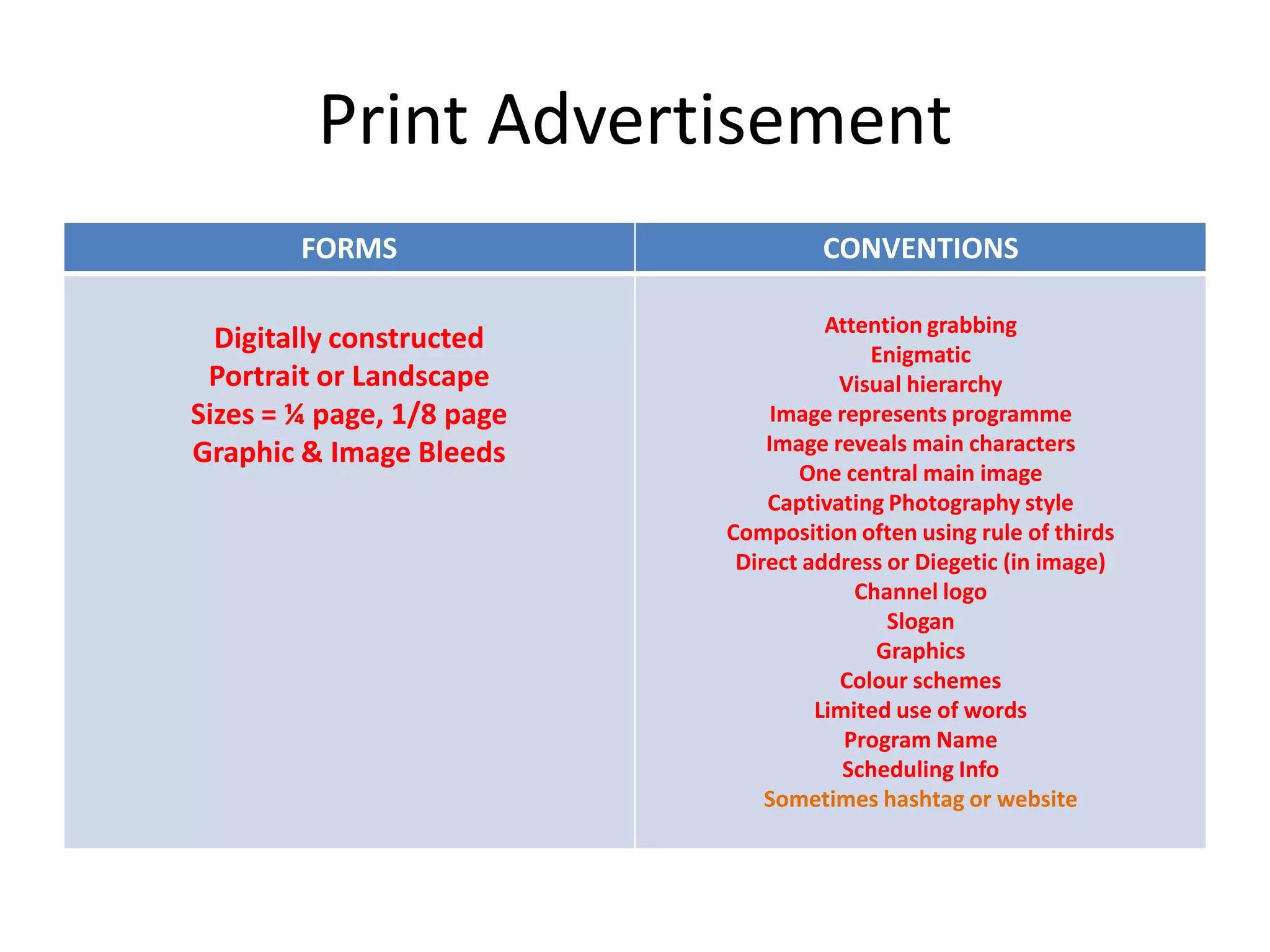 Print Advertisement
FORMS CONVENTIONS
Digitally constructed
Portrait or Landscape
Sizes = ¼ page, 1/8 page
Graphic & Image Bleeds
Attention grabbing
Enigmatic
Visual hierarchy
Image represents programme
Image reveals main characters
One central main image
Captivating Photography style
Composition often using rule of thirds
Direct address or Diegetic (in image)
Channel logo
Slogan
Graphics
Colour schemes
Limited use of words
Program Name
Scheduling Info
Sometimes hashtag or website
 