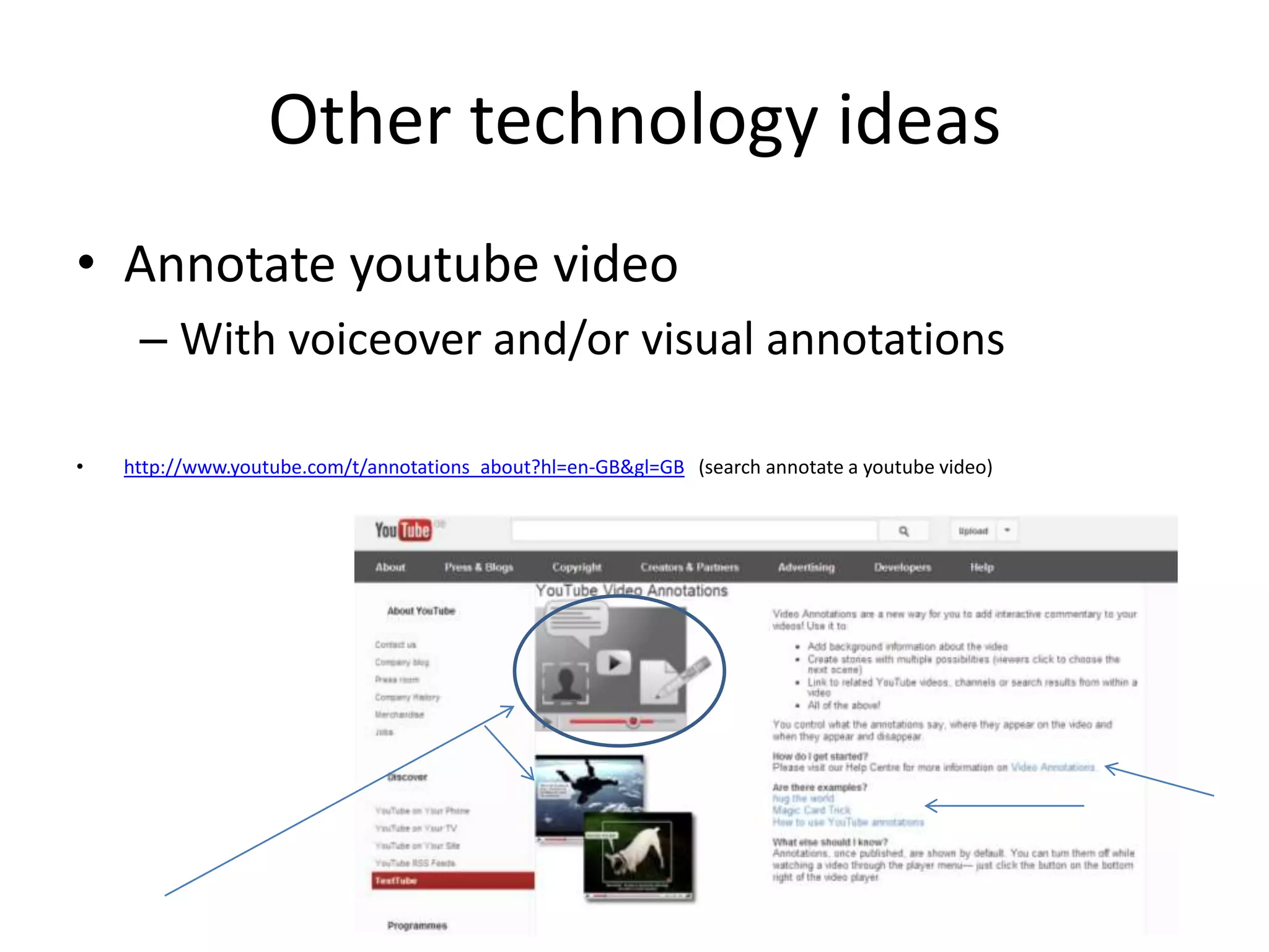 Other technology ideas
• Annotate youtube video
– With voiceover and/or visual annotations
• http://www.youtube.com/t/annotations_about?hl=en-GB&gl=GB (search annotate a youtube video)
 