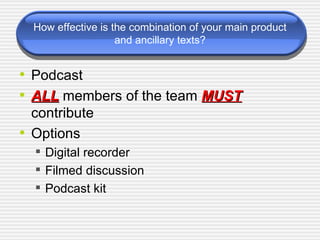 How effective is the combination of your main product and ancillary texts? Podcast ALL  members of the team  MUST  contribute Options Digital recorder Filmed discussion Podcast kit 