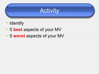 Activity Identify 5  best  aspects of your MV 5  worst  aspects of your MV 