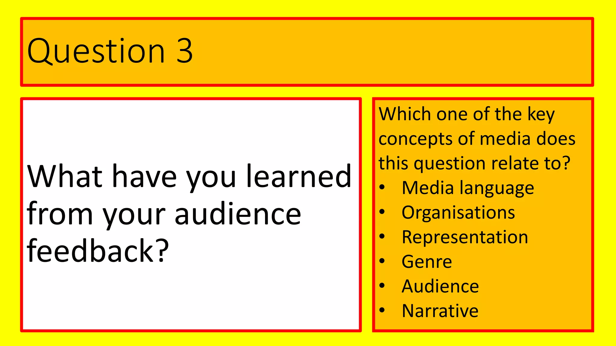 Question 3
What have you learned
from your audience
feedback?
Which one of the key
concepts of media does
this question relate to?
• Media language
• Organisations
• Representation
• Genre
• Audience
• Narrative
 
