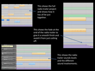 This shows the full
    radio trailer project
    and shows how it
    has all be put
    together.




This shows the fade at the
end of the radio trailer to
give it a smooth finish and
avoid it from just cutting
off.




                            This shows the radio
                            trailer sounds levels
                            and the different
                            sound involvements.
 