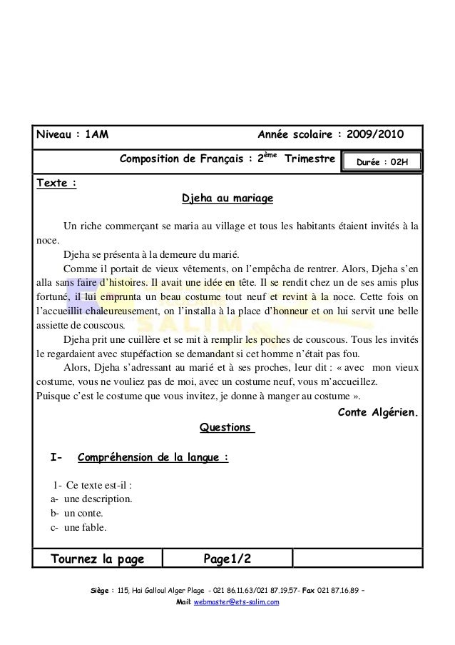 A2 Examen Et Corrige Francais 2010 1 Am T2 - 