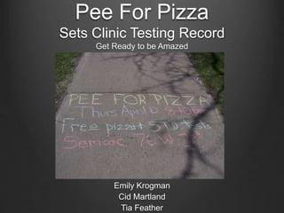 Pee For Pizza
Sets Clinic Testing Record
Get Ready to be Amazed
Emily Krogman
Cid Martland
Tia Feather
 