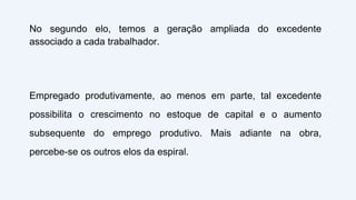 No segundo elo, temos a geração ampliada do excedente
associado a cada trabalhador.
Empregado produtivamente, ao menos em parte, tal excedente
possibilita o crescimento no estoque de capital e o aumento
subsequente do emprego produtivo. Mais adiante na obra,
percebe-se os outros elos da espiral.
 