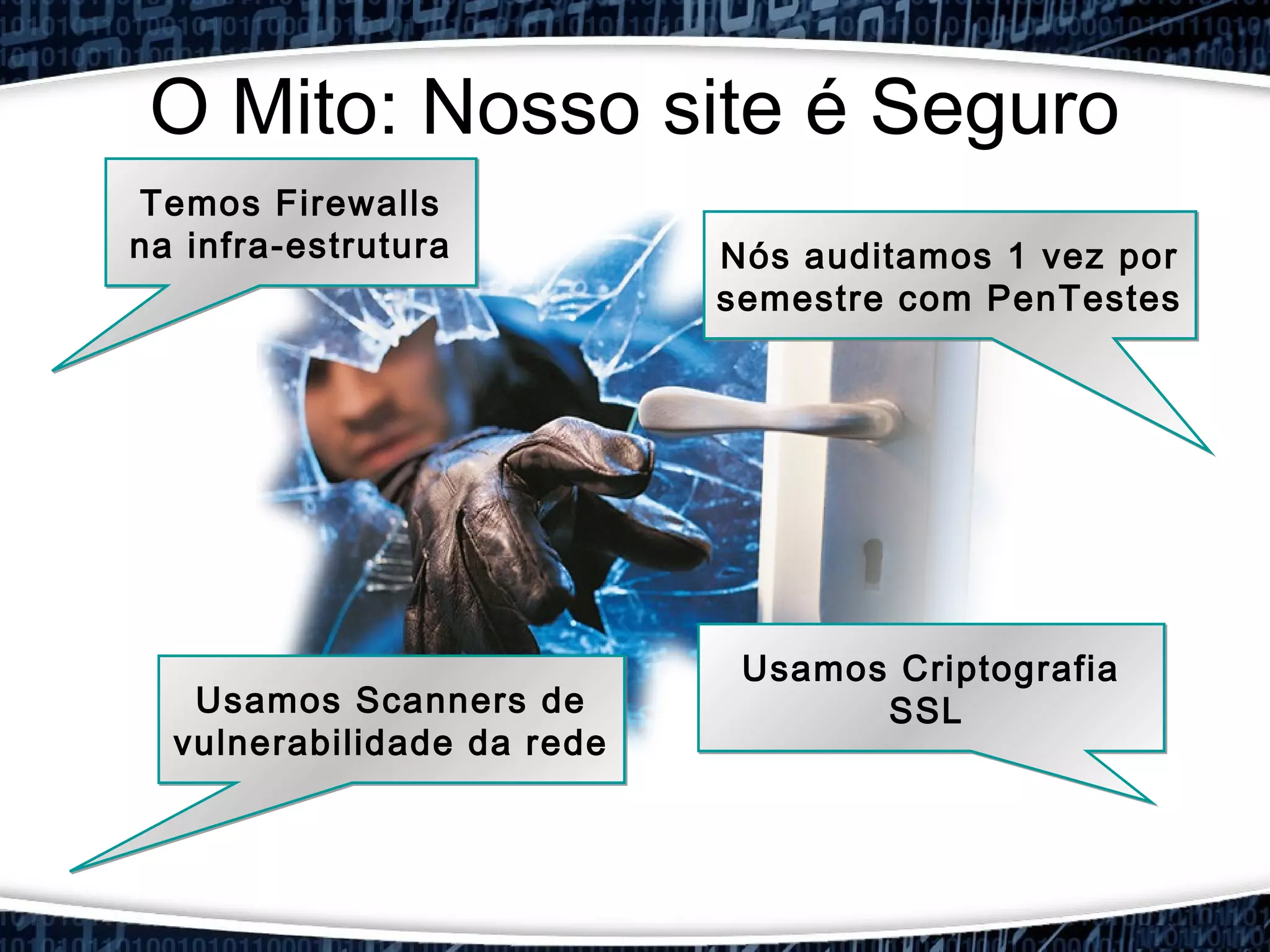 Usamos Scanners de
vulnerabilidade da rede
Usamos Scanners de
vulnerabilidade da rede
Temos Firewalls
na infra-estrutura
Temos Firewalls
na infra-estrutura Nós auditamos 1 vez por
semestre com PenTestes
Nós auditamos 1 vez por
semestre com PenTestes
O Mito: Nosso site é Seguro
Usamos Criptografia
SSL
Usamos Criptografia
SSL
 