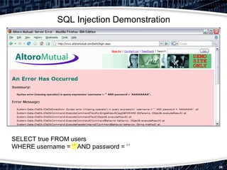 Hacking 102: Integrating Web Application Security Testing into Development 26
SQL Injection Demonstration
SELECT true FROM users
WHERE username = ‘
jsmith
’ AND password = ‘’
Demo1234AAAAAAAA
’
 