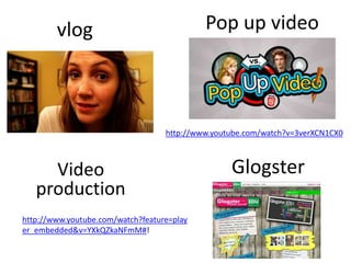Pop up video

vlog

http://www.youtube.com/watch?v=3verXCN1CX0

Video
production
http://www.youtube.com/watch?feature=play
er_embedded&v=YXkQZkaNFmM#!

Glogster

 