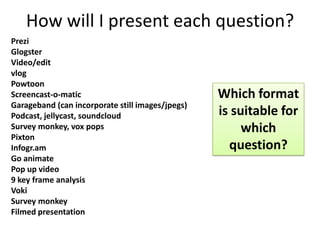 How will I present each question?
Prezi
Glogster
Video/edit
vlog
Powtoon
Screencast-o-matic
Garageband (can incorporate still images/jpegs)
Podcast, jellycast, soundcloud
Survey monkey, vox pops
Pixton
Infogr.am
Go animate
Pop up video
9 key frame analysis
Voki
Survey monkey
Filmed presentation

Which format
is suitable for
which
question?

 