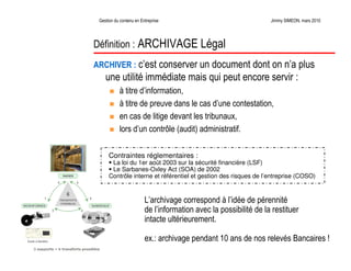 Gestion du contenu en Entreprise                                  Jimmy SIMEON, mars 2010




Définition : ARCHIVAGE Légal...