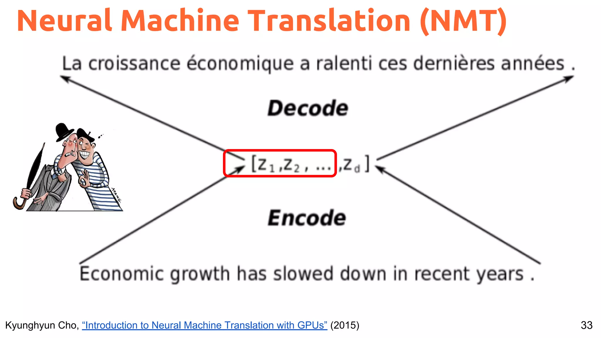 33
Neural Machine Translation (NMT)
Kyunghyun Cho, “Introduction to Neural Machine Translation with GPUs” (2015)
 