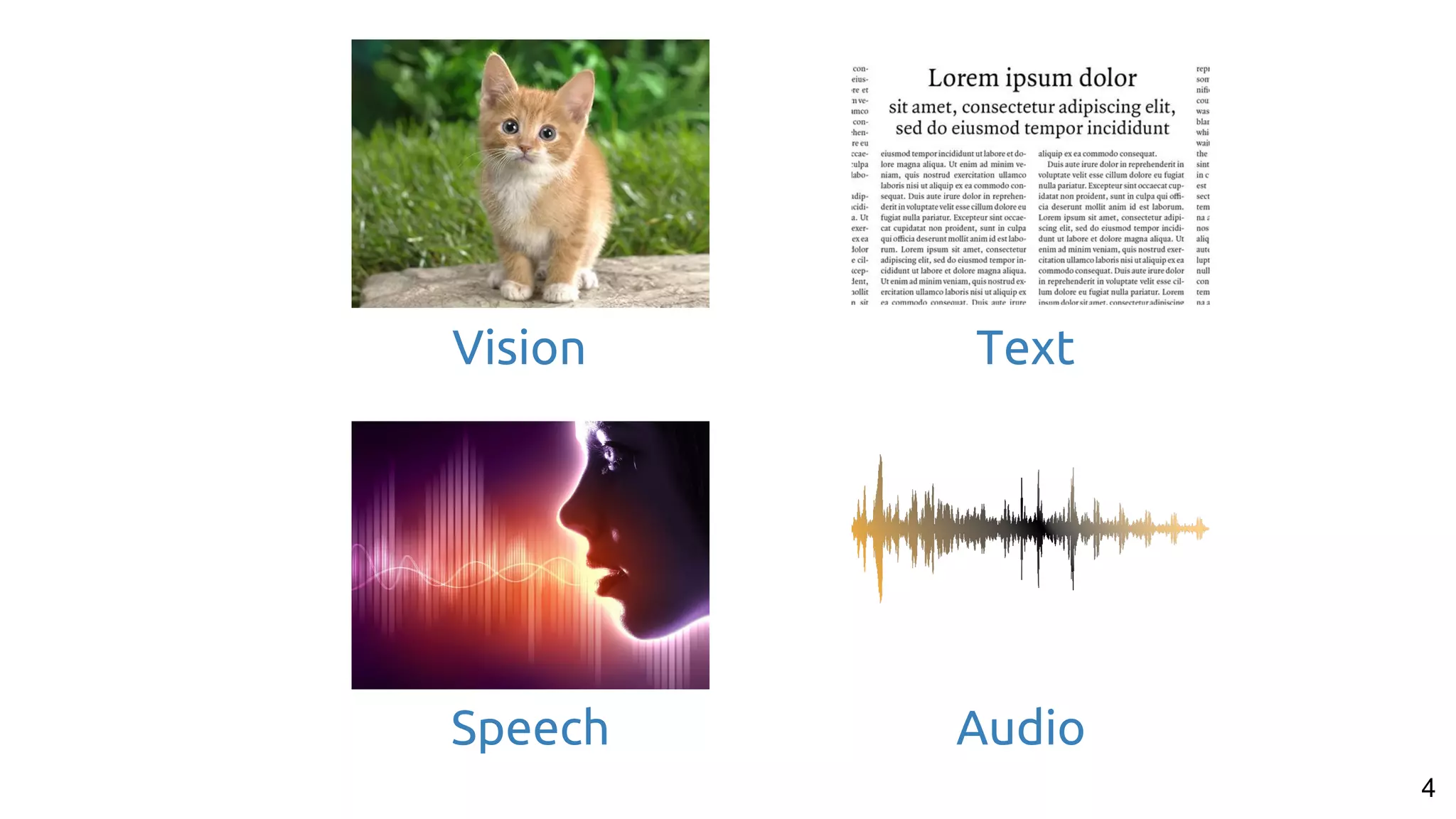 Text
Audio
4
Speech
Vision
 